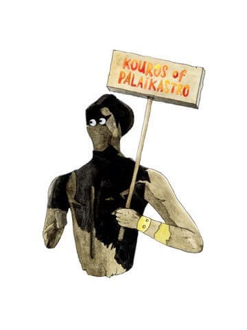Illustration depicting the 'Kouros if Palaikastron' statue holding a sign