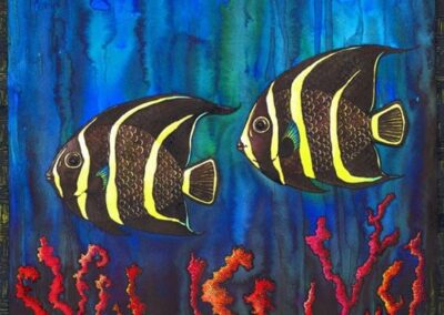 Two angelfish in colorful inks