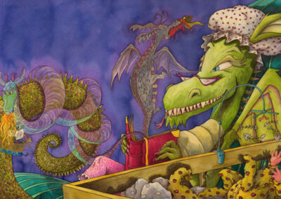 Illustration of nanny dragon reading horrible dragon stories to baby dragon