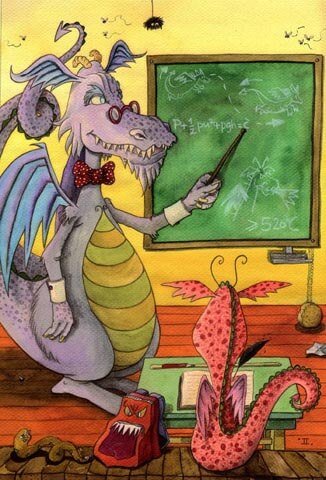 Illustration depicting a teacher-dragon instructing a young pupil-dragon