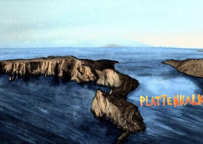 watercolor depicting a Plattenkalk landscape of Crete