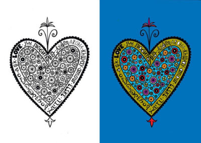 illustration of t-shirt design with the word 'Love' in many languages and motifs in both black and white and bright colors