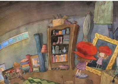 Illustration of a little girl trying a huge, red hat in front of a mirror in an attic