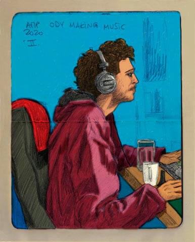 Sketchbook illustration of a young man making music on computer