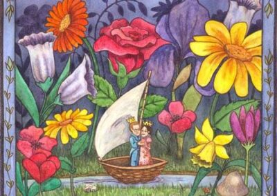 Illustration depicting a Thumbelina couple holding inside a tiny walnut shell, floating inside a river, surrounded by huge flowers
