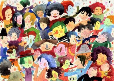 Colorful, playful illustration showing lots of different people celebrating for the New Year 2021